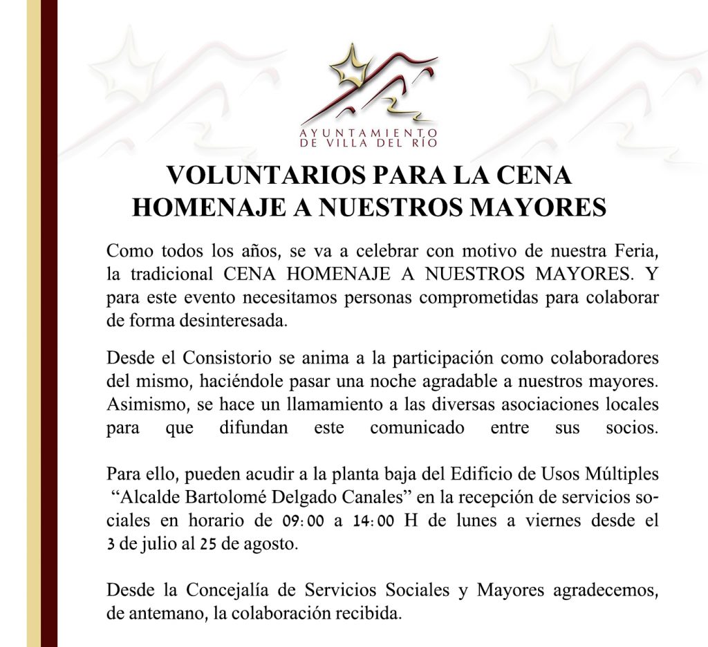 Información Municipal | Voluntarios para la cena homenaje a nuestros mayores