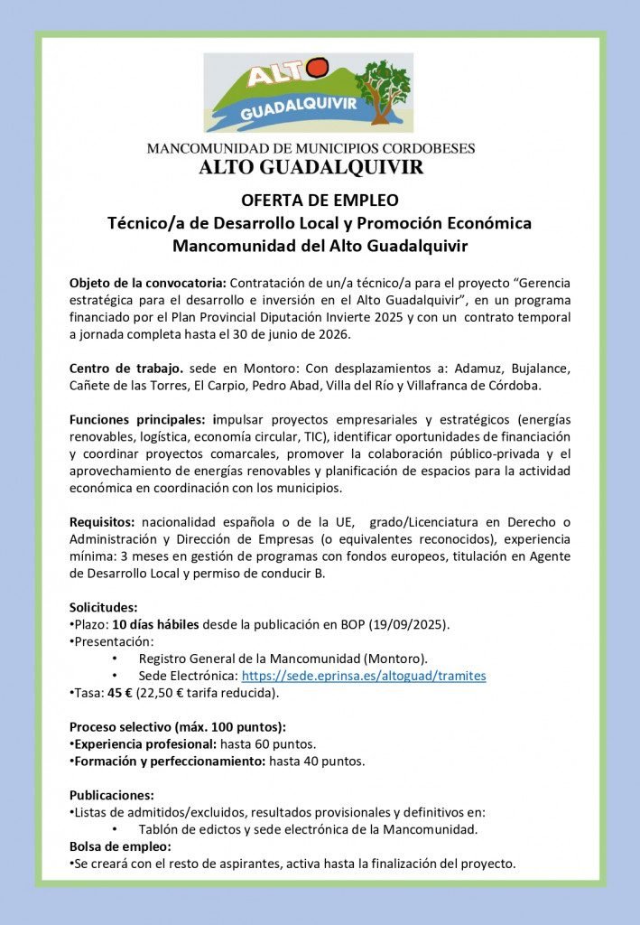 Oferta de empleo de la Mancomunidad del Alto Guadalquivir
