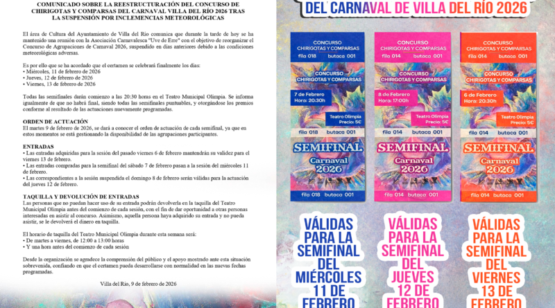 REESTRUCTURACIÓN DEL CONCURSO DE CHIRIGOTAS Y COMPARSAS DEL CARNAVAL DE VILLA DEL RÍO 2026 TRAS LA SUSPENSIÓN POR INCLEMENCIAS METEOROLÓGICAS