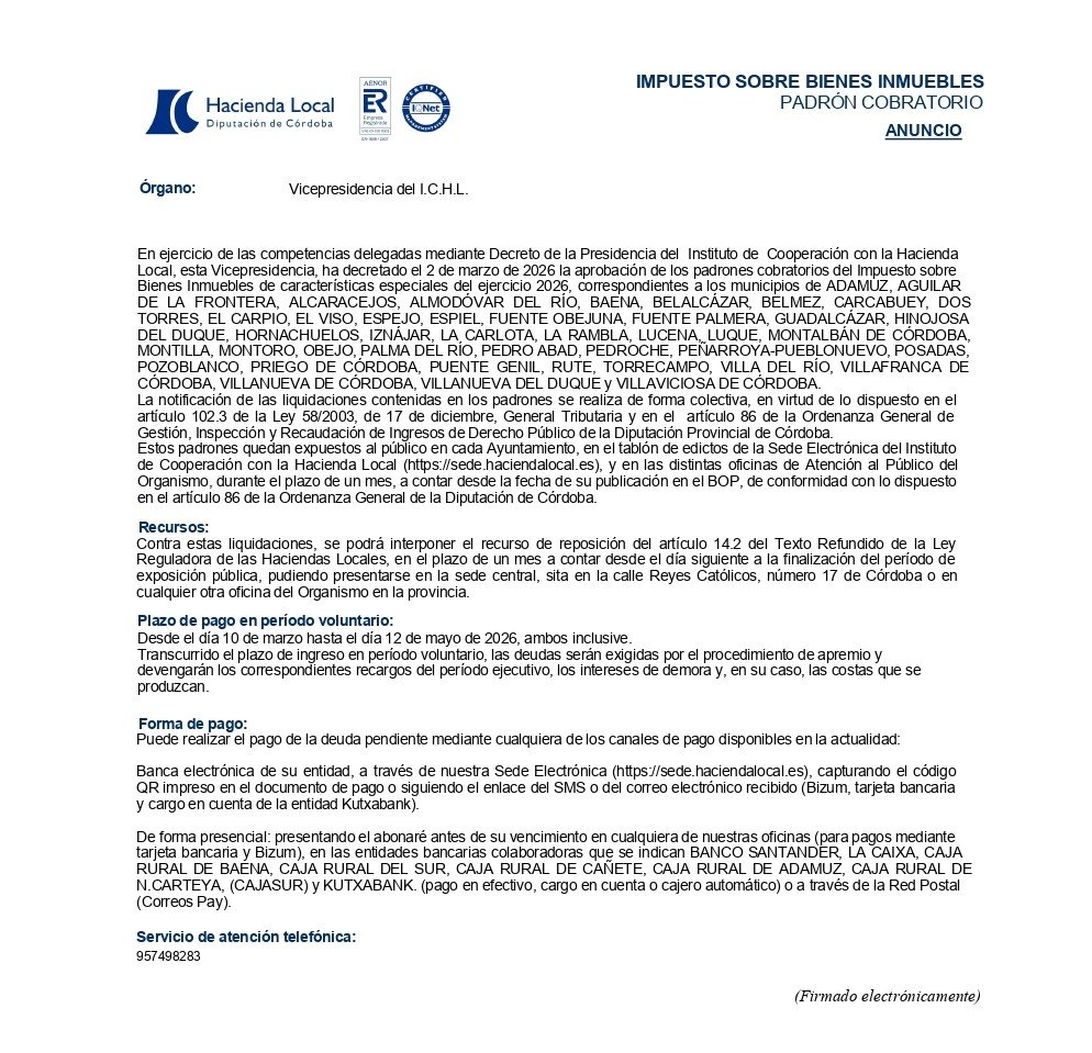 IMPUESTO SOBRE BIENES INMUEBLES DE CARACTERÍSTICAS ESPECIALES (IBI BICES) 2026