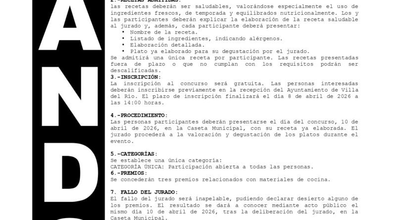 Re: CONVOCADO EL I CONCURSO DE RECETAS SALUDABLES DE VILLA DEL RÍO 2026