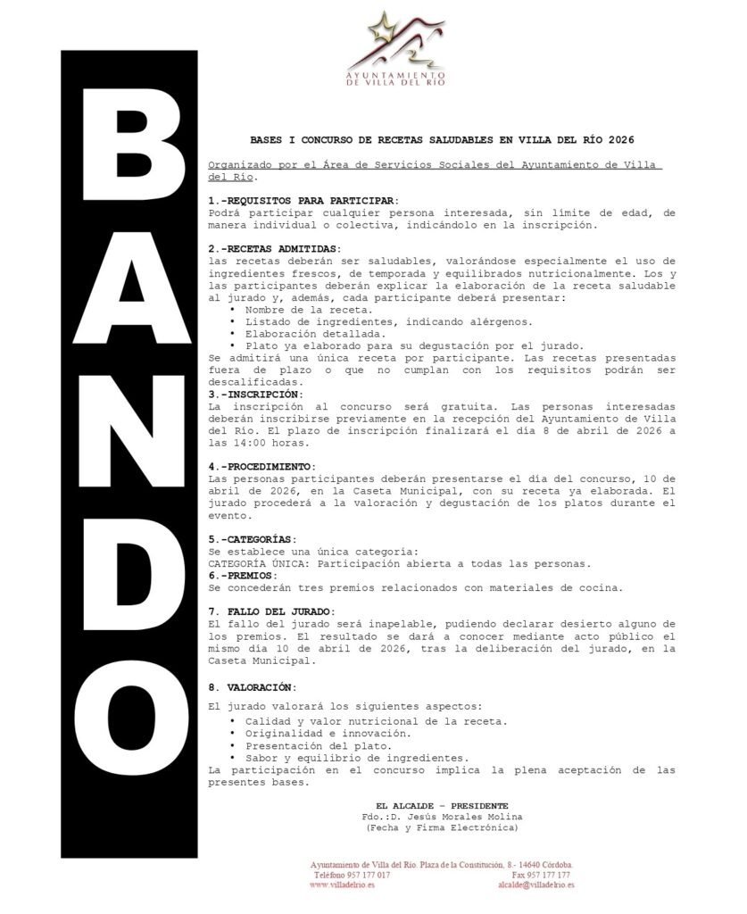 Re: CONVOCADO EL I CONCURSO DE RECETAS SALUDABLES DE VILLA DEL RÍO 2026