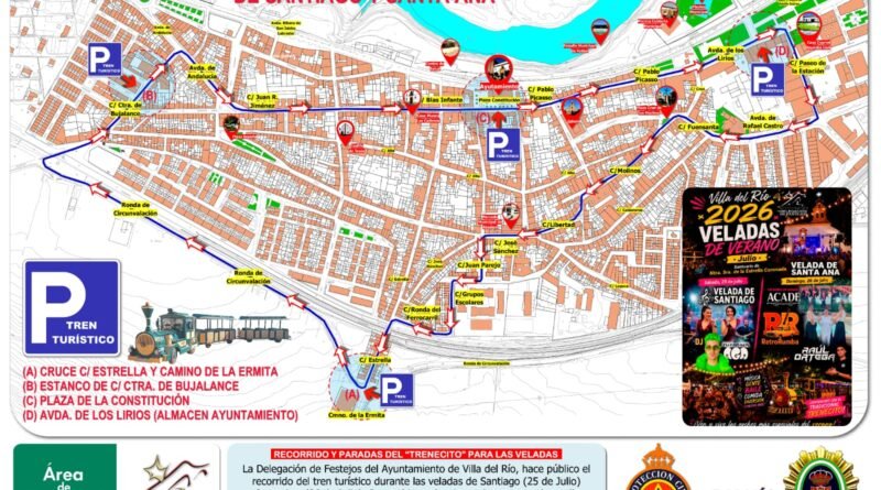 RECORRIDO Y PARADAS DEL «TRENECITO» TURÍSTICO DURANTE LAS VELADAS DE SANTIAGO Y SANTA ANA