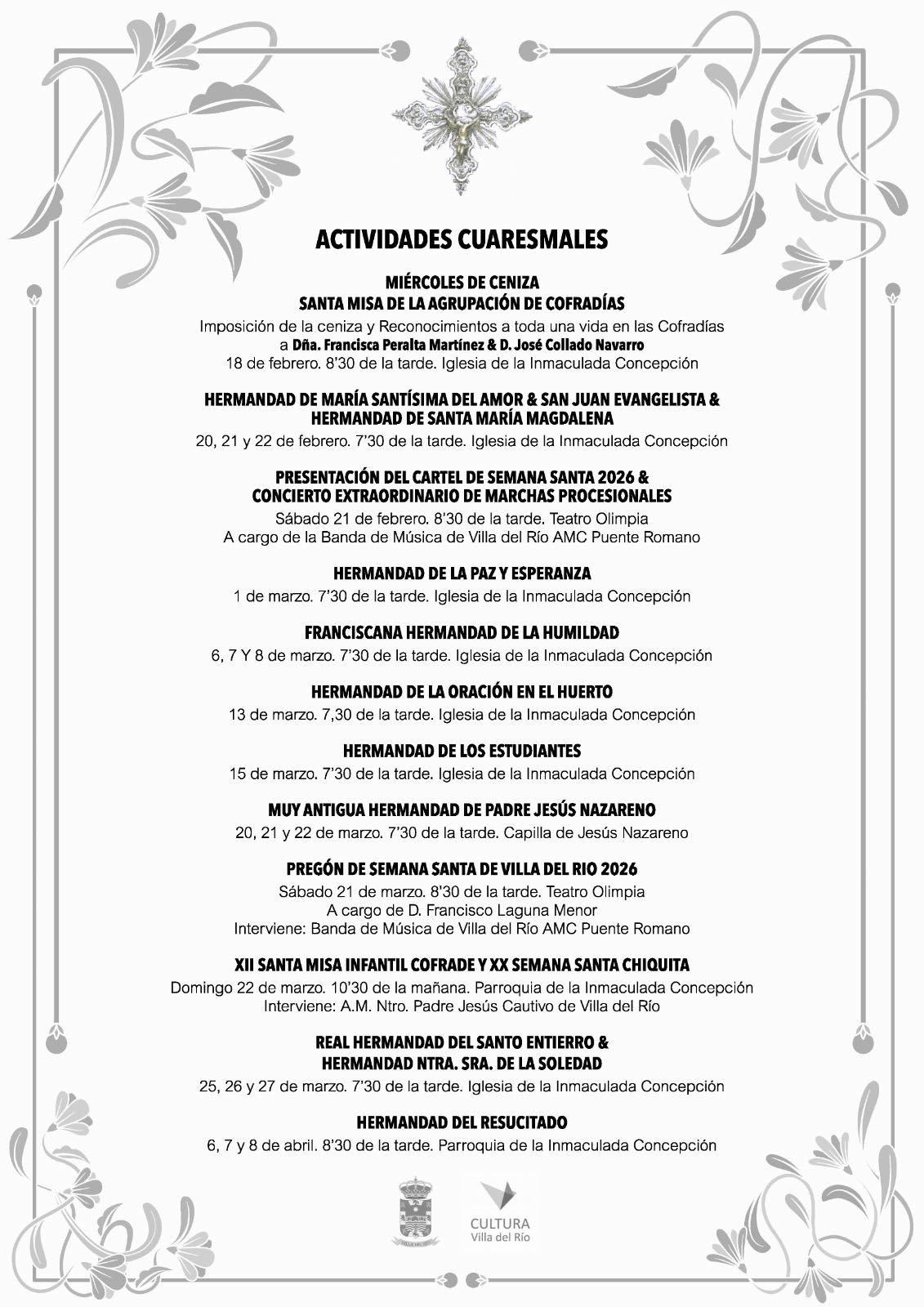 ACTOS Y CULTOS CUARESMALES 2026 | AGRUPACIÓN DE HERMANDADES Y COFRADÍAS DE VILLA DEL RÍO